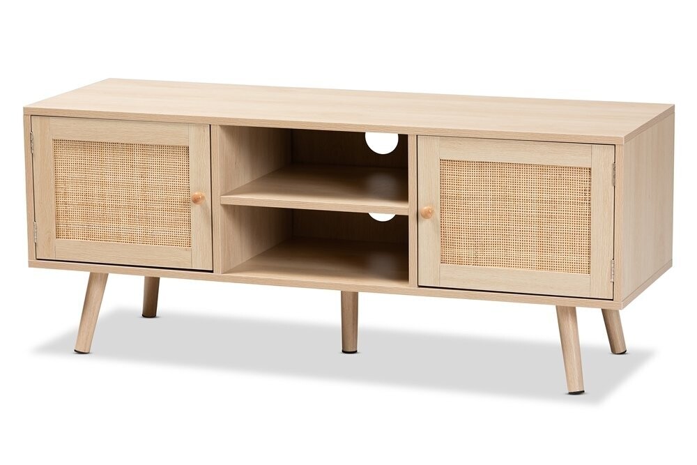 BAXTON STUDIO SEBILLE MID-CENTURY MODERN LIGHT BROWN FINISHED WOOD 2-DOOR TV STAND WITH NATURAL RATTAN