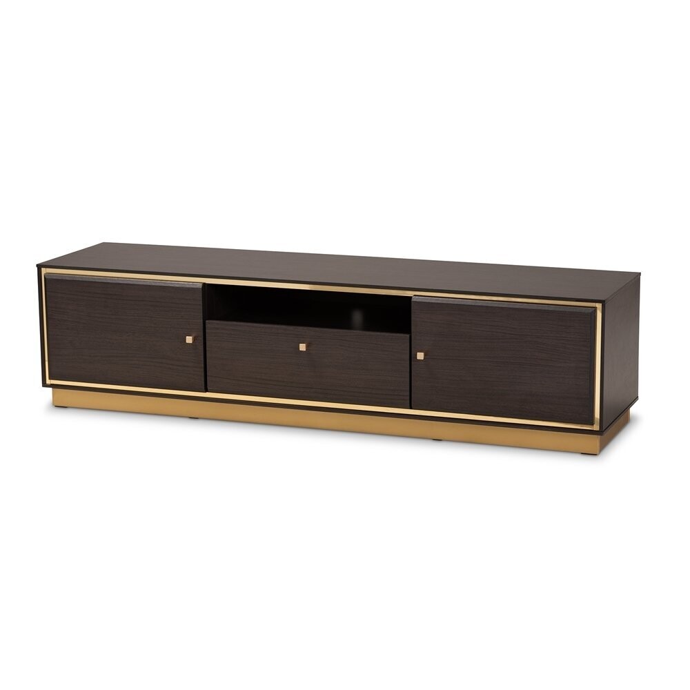 BAXTON STUDIO CORMAC MID-CENTURY MODERN TRANSITIONAL DARK BROWN FINISHED WOOD AND GOLD METAL 2-DOOR TV STAND