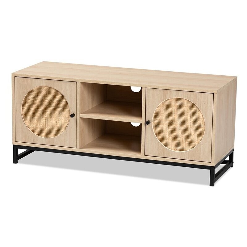 BAXTON STUDIO ARDON BOHEMIAN LIGHT BROWN FINISHED WOOD AND BLACK METAL 2-DOOR TV STAND WITH NATURAL RATTAN