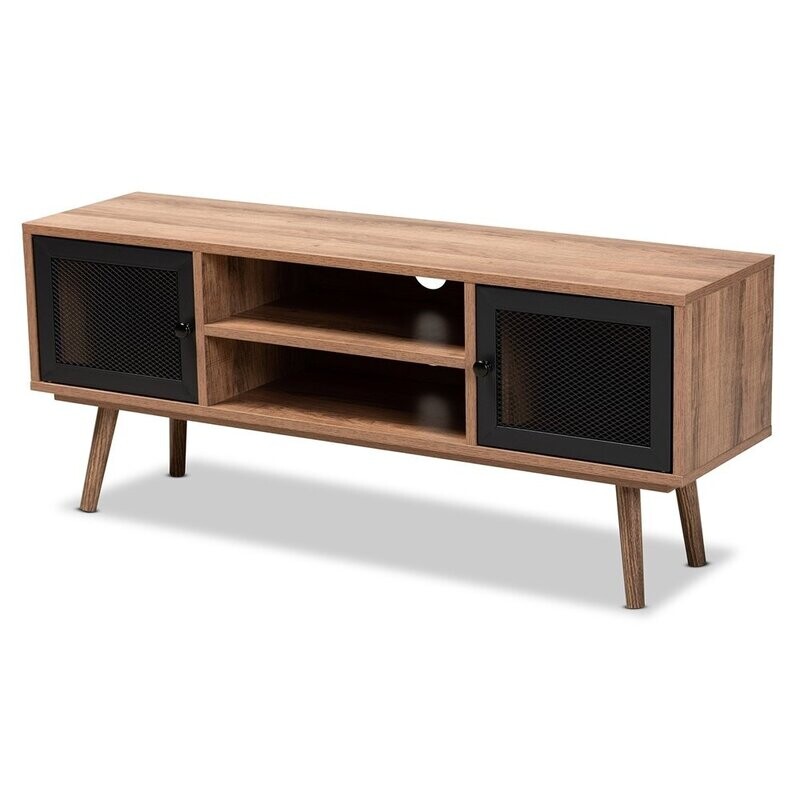 BAXTON STUDIO YUNA MID-CENTURY MODERN TRANSITIONAL NATURAL BROWN FINISHED WOOD AND BLACK METAL 2-DOOR TV STAND