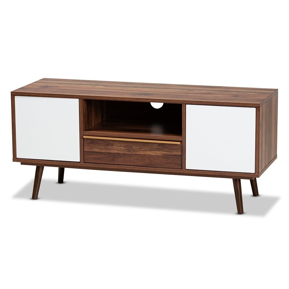 BAXTON STUDIO GROVER MID-CENTURY MODERN TWO-TONE CHERRY BROWN AND WHITE FINISHED WOOD 2-DOOR TV STAND
