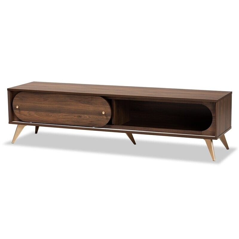 BAXTON STUDIO DENA MID-CENTURY MODERN WALNUT BROWN WOOD AND GOLD FINISHED TV STAND
