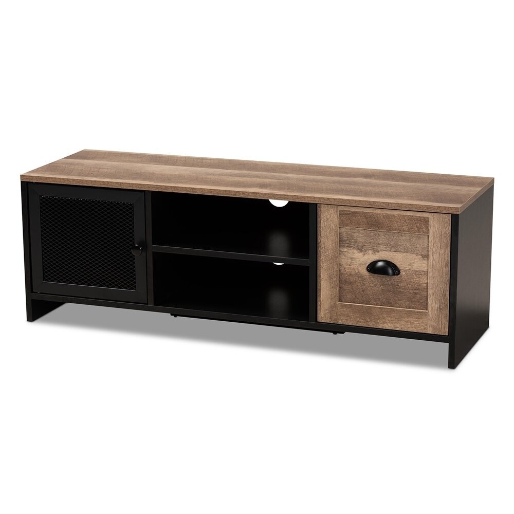 BAXTON STUDIO CONNELL MODERN AND CONTEMPORARY INDUSTRIAL TWO-TONE NATURAL BROWN AND BLACK FINISHED WOOD AND BLACK METAL 2-DOOR TV STAND