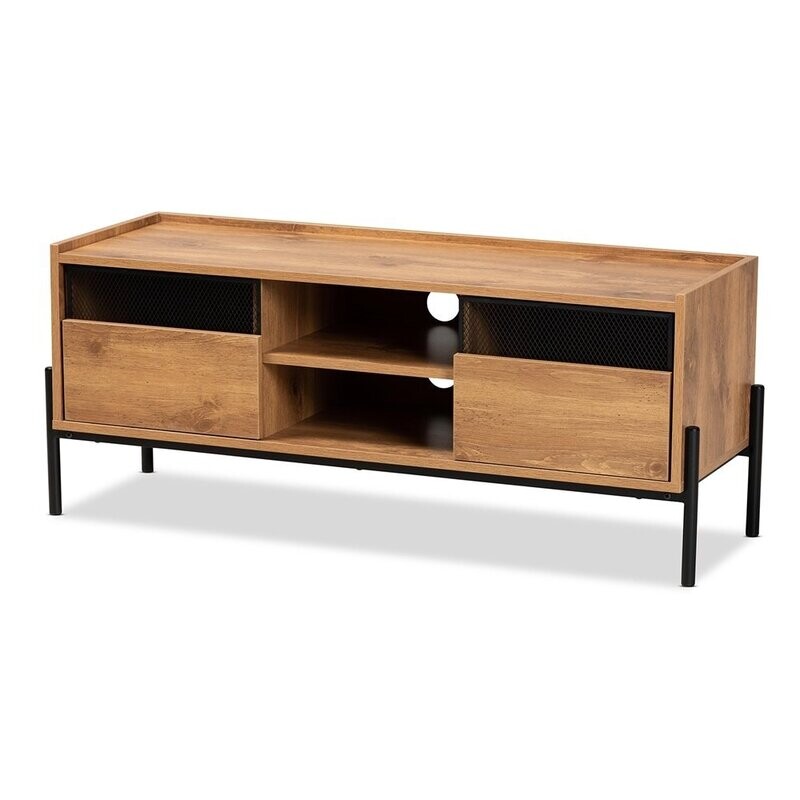 BAXTON STUDIO TASMAN MODERN AND CONTEMPORARY INDUSTRIAL NATURAL BROWN FINISHED WOOD AND BLACK METAL 2-DOOR TV STAND