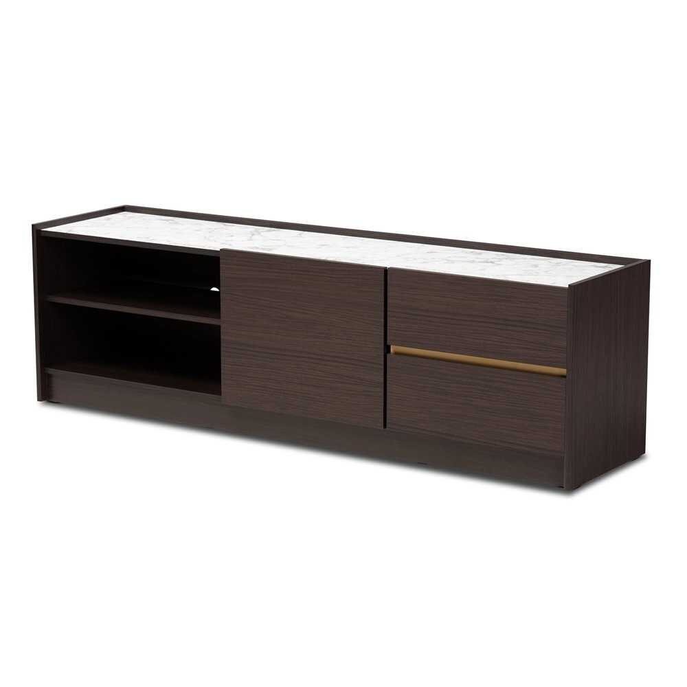 BAXTON STUDIO WALKER MODERN AND CONTEMPORARY DARK BROWN AND GOLD FINISHED WOOD TV STAND WITH FAUX MARBLE TOP
