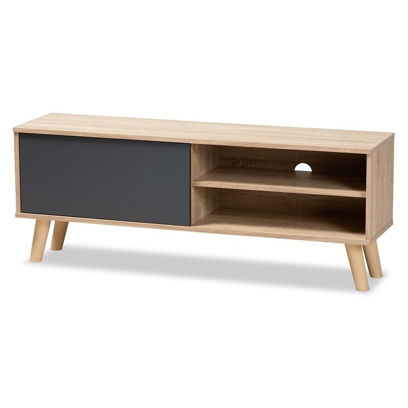 BAXTON STUDIO MALLORY MODERN AND CONTEMPORARY TWO-TONE OAK BROWN AND GREY FINISHED WOOD TV STAND
