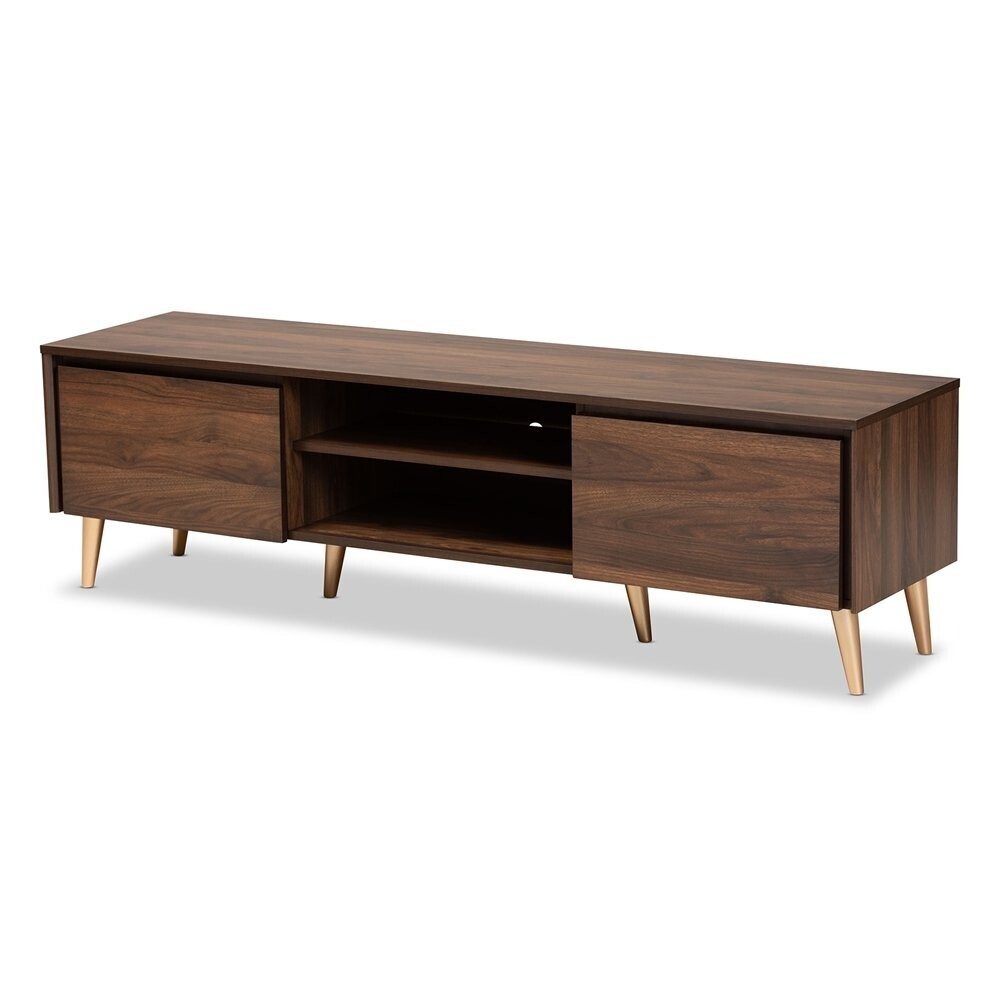 BAXTON STUDIO LANDEN MID-CENTURY MODERN WALNUT BROWN AND GOLD FINISHED WOOD TV STAND