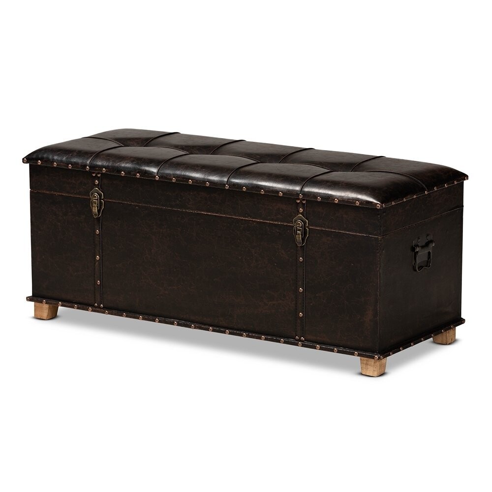 BAXTON STUDIO JANNA RUSTIC TRANSITIONAL DARK BROWN FAUX LEATHER UPHOLSTERED AND OAK BROWN FINISHED WOOD STORAGE OTTOMAN
