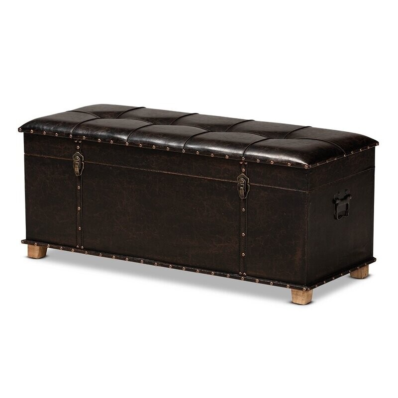 BAXTON STUDIO JANNA RUSTIC TRANSITIONAL DARK BROWN FAUX LEATHER UPHOLSTERED AND OAK BROWN FINISHED WOOD STORAGE OTTOMAN