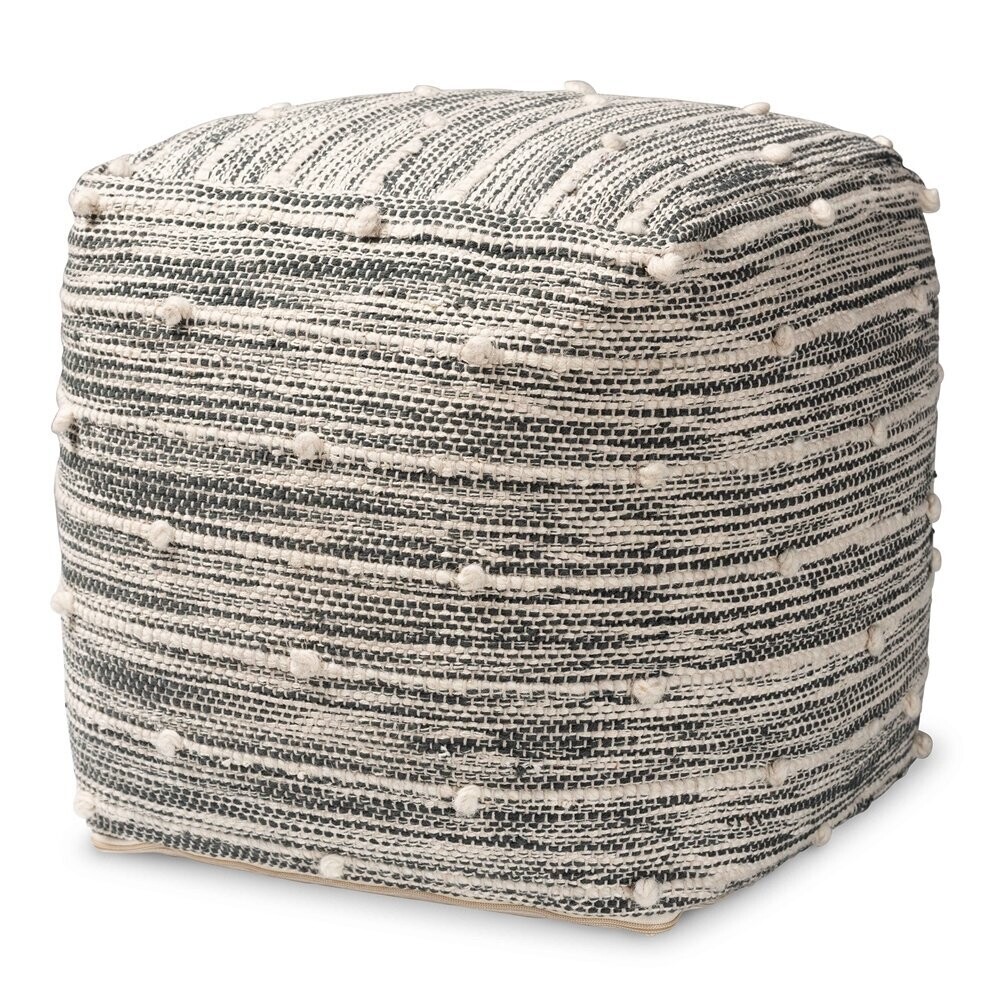 BAXTON STUDIO MACACO MODERN AND CONTEMPORARY MOROCCAN INSPIRED DARK GREY AND IVORY HANDWOVEN COTTON BLEND POUF OTTOMAN