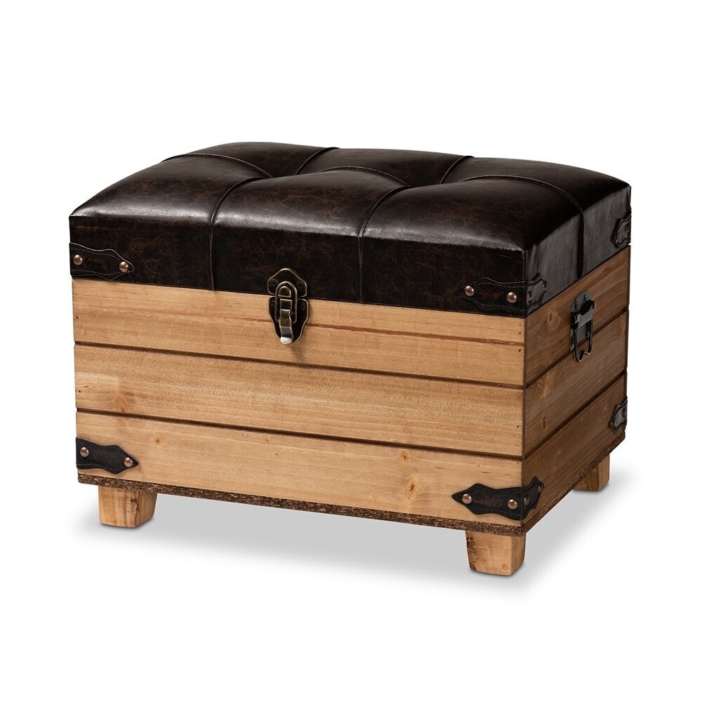 BAXTON STUDIO EDMUND RUSTIC TRANSITIONAL DARK BROWN FAUX LEATHER UPHOLSTERED AND OAK BROWN FINISHED WOOD STORAGE OTTOMAN