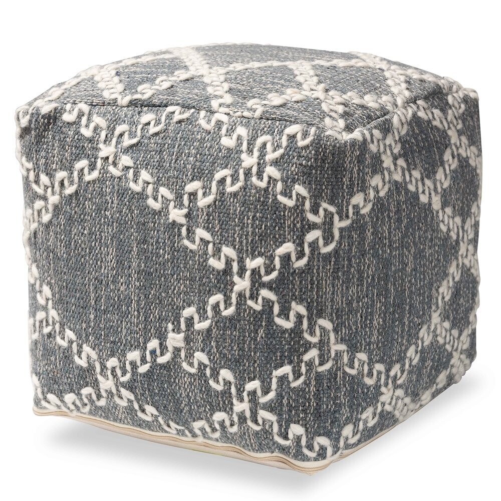 BAXTON STUDIO GEYNE MODERN AND CONTEMPORARY BOHEMIAN GREY AND IVORY HANDWOVEN COTTON BLEND POUF OTTOMAN