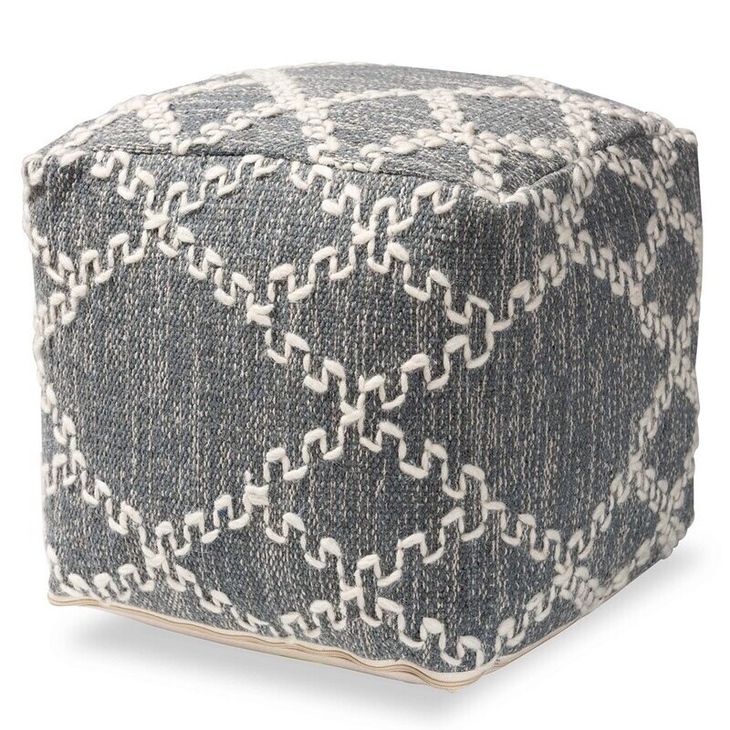 BAXTON STUDIO GEYNE MODERN AND CONTEMPORARY BOHEMIAN GREY AND IVORY HANDWOVEN COTTON BLEND POUF OTTOMAN