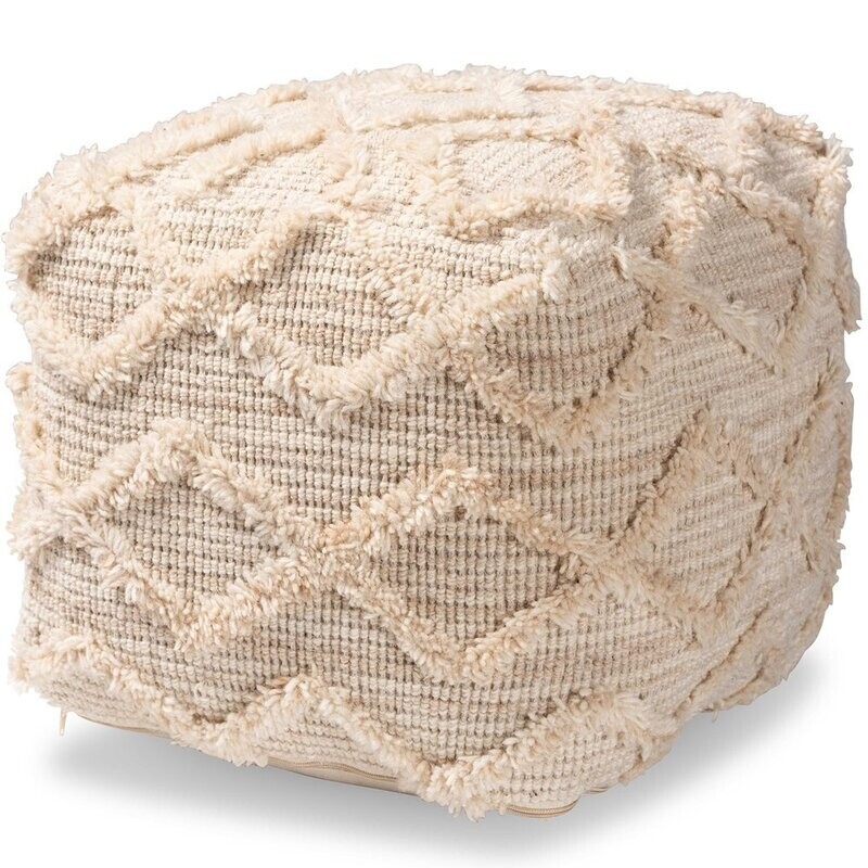 BAXTON STUDIO CARILYN MODERN AND CONTEMPORARY MOROCCAN INSPIRED IVORY HANDWOVEN WOOL BLEND POUF OTTOMAN