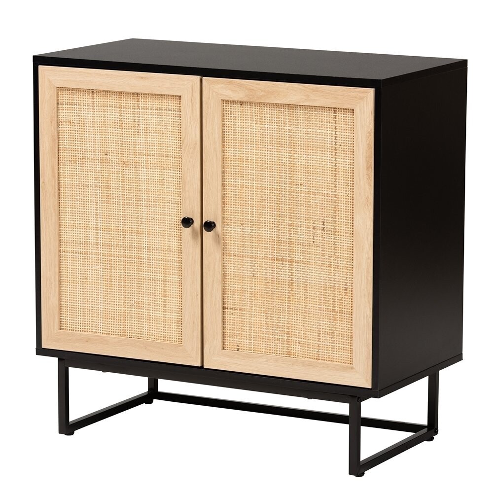 BAXTON STUDIO DECLAN MID-CENTURY MODERN ESPRESSO BROWN FINISHED WOOD AND NATURAL RATTAN 2-DOOR STORAGE CABINET