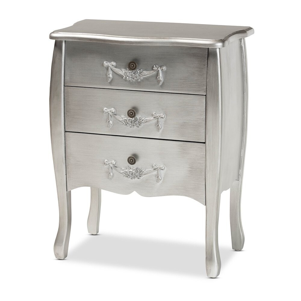BAXTON STUDIO ELIYA CLASSIC AND TRADITIONAL BRUSHED SILVER FINISHED WOOD 3-DRAWER STORAGE CABINET