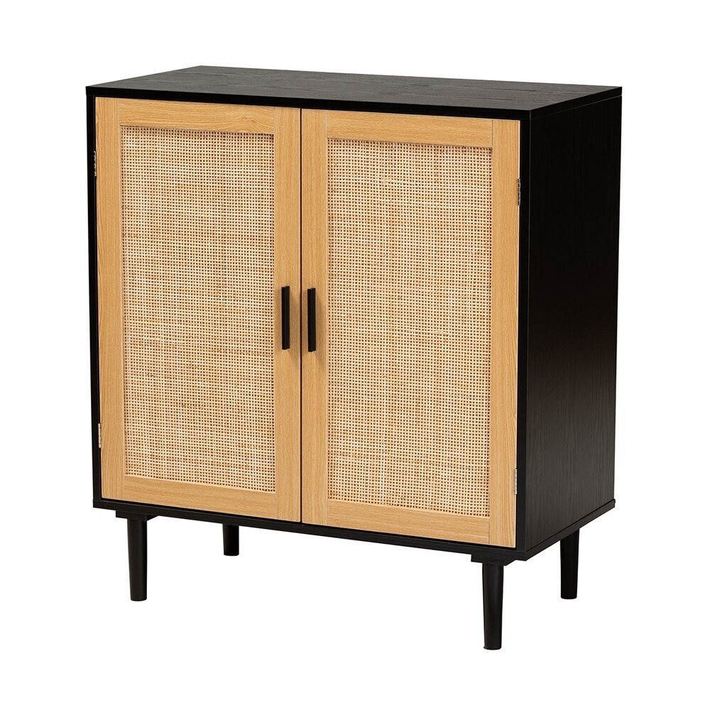 BAXTON STUDIO MAUREEN MID-CENTURY MODERN ESPRESSO BROWN WOOD AND RATTAN 2-DOOR STORAGE CABINET