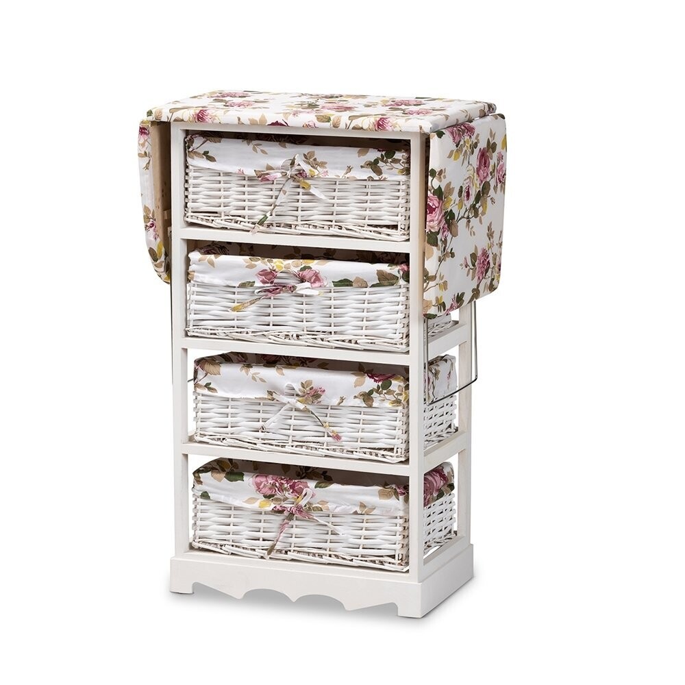 BAXTON STUDIO LACOLE MODERN AND CONTEMPORARY MULTI-COLORED FABRIC UPHOLSTERED AND WHITE FINISHED WOOD DROP LEAF IRONING BOARD CABINET WITH WOVEN STORAGE BASKETS