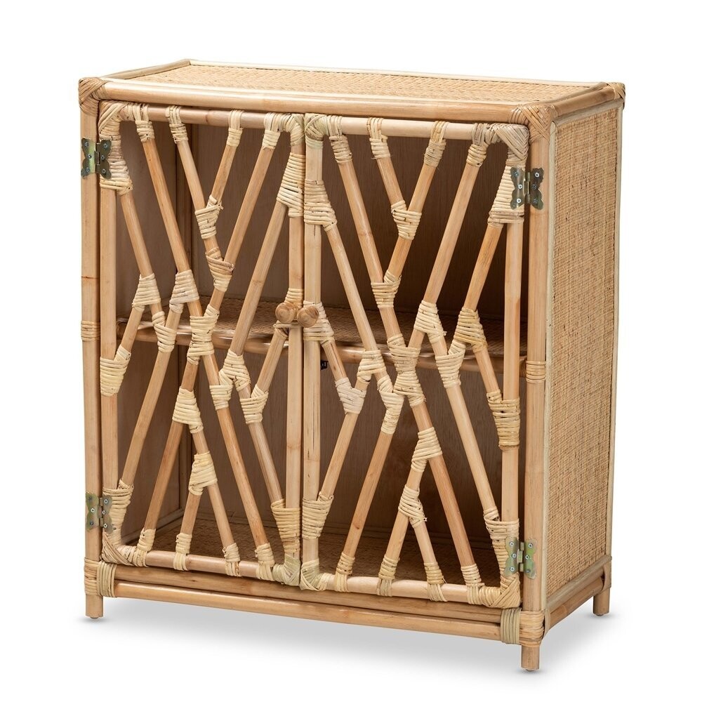 BAXTON STUDIO SHENA MODERN BOHEMIAN NATURAL BROWN RATTAN 2-DOOR STORAGE CABINET