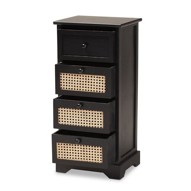 BAXTON STUDIO DACEY MID-CENTURY MODERN TRANSITIONAL ESPRESSO BROWN FINISHED WOOD AND RATTAN 4-DRAWER STORAGE CABINET