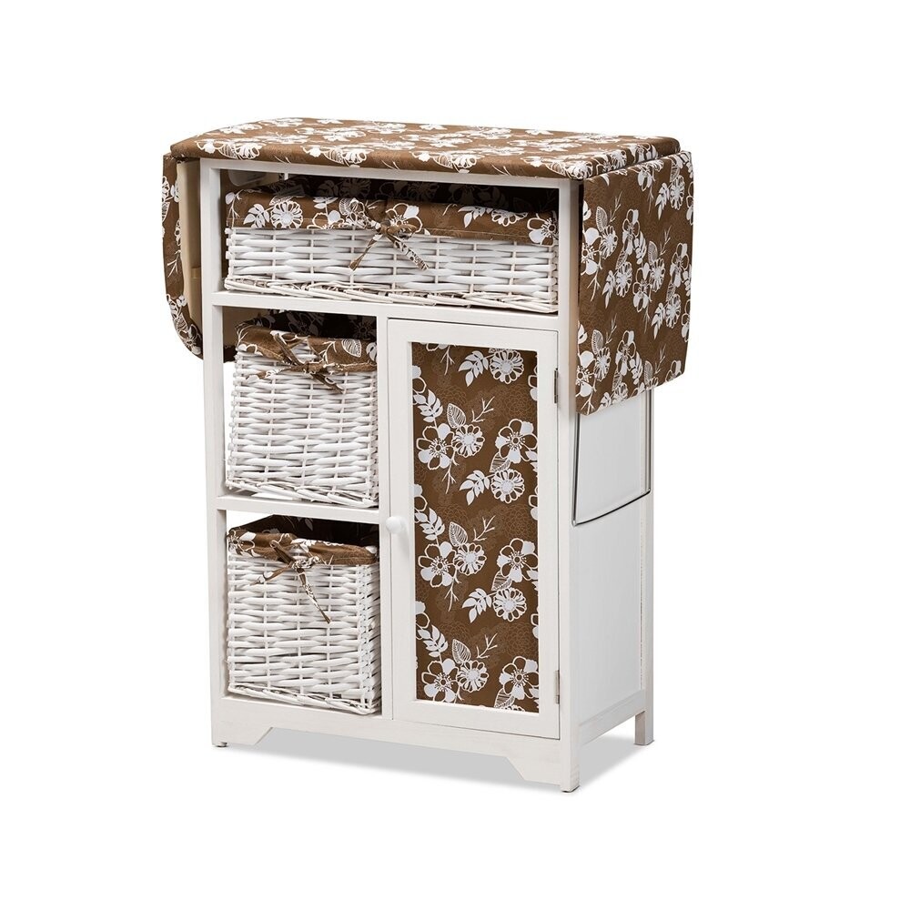 BAXTON STUDIO ABRIL MODERN AND CONTEMPORARY MULTI-COLORED FABRIC UPHOLSTERED AND WHITE FINISHED WOOD DROP LEAF IRONING BOARD CABINET WITH WOVEN STORAGE BASKETS