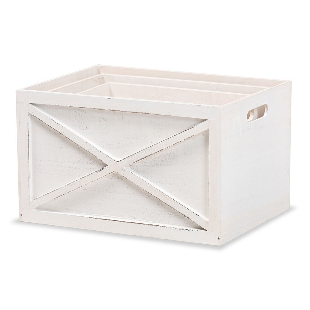 BAXTON STUDIO PARRA MODERN FARMHOUSE WHITEWASHED WOOD 3-PIECE STORAGE CRATE SET