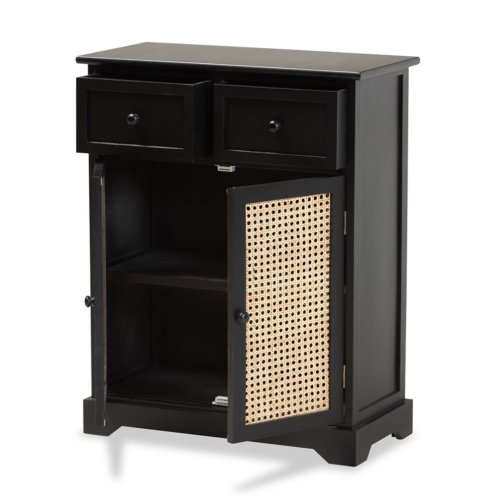 BAXTON STUDIO DACEY MID-CENTURY MODERN TRANSITIONAL ESPRESSO BROWN FINISHED WOOD AND RATTAN 2-DRAWER STORAGE CABINET