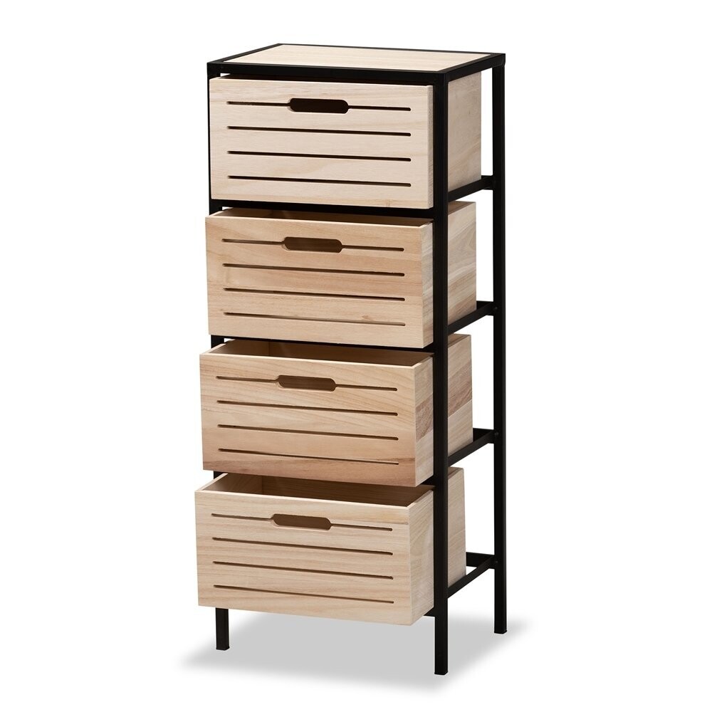 BAXTON STUDIO GELSEY MODERN INDUSTRIAL OAK BROWN FINISHED WOOD AND BLACK METAL 4-DRAWER STORAGE CABINET