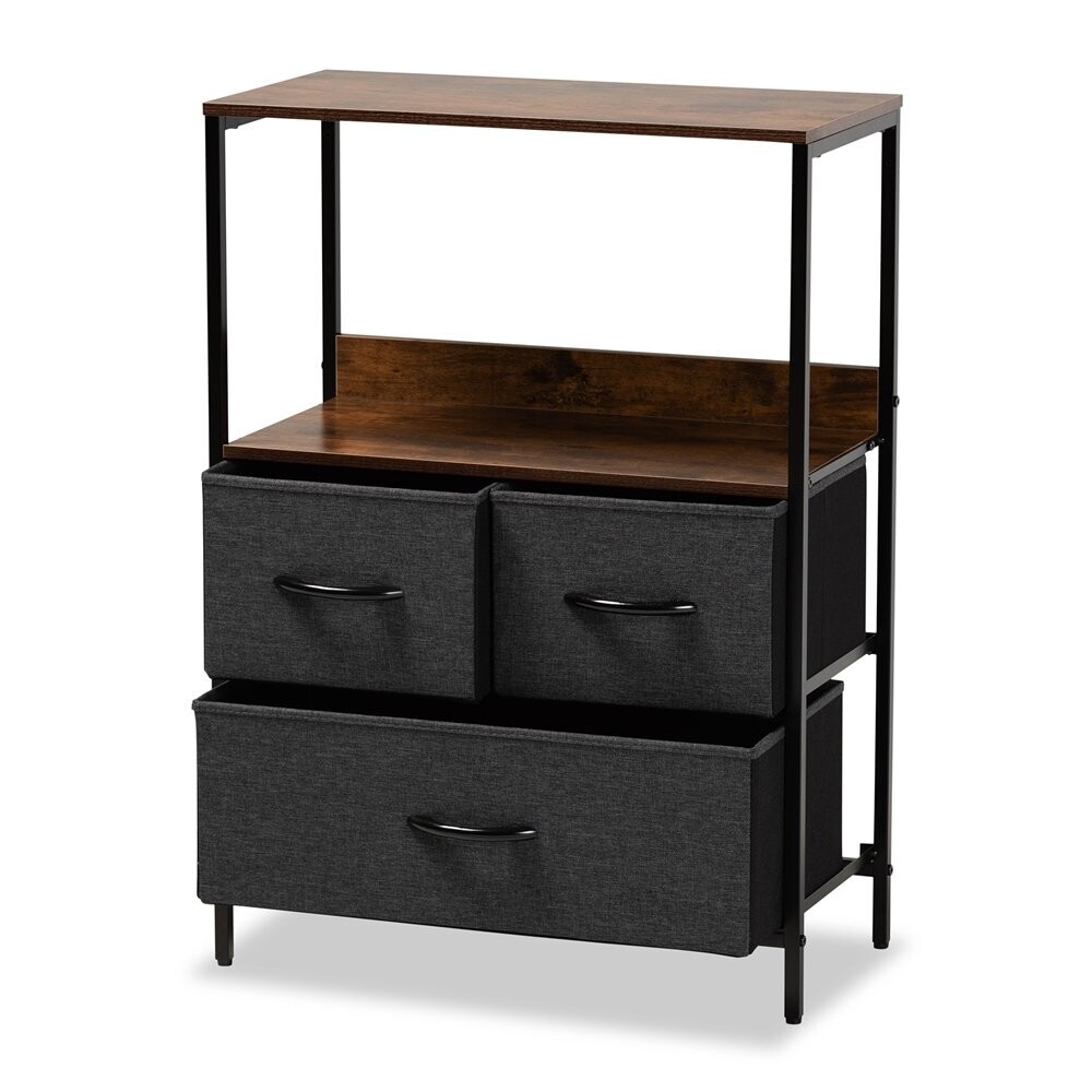 BAXTON STUDIO HAKAN MODERN INDUSTRIAL GREY FABRIC UPHOLSTERED AND WALNUT BROWN FINISHED WOOD 3-DRAWER STORAGE CABINET