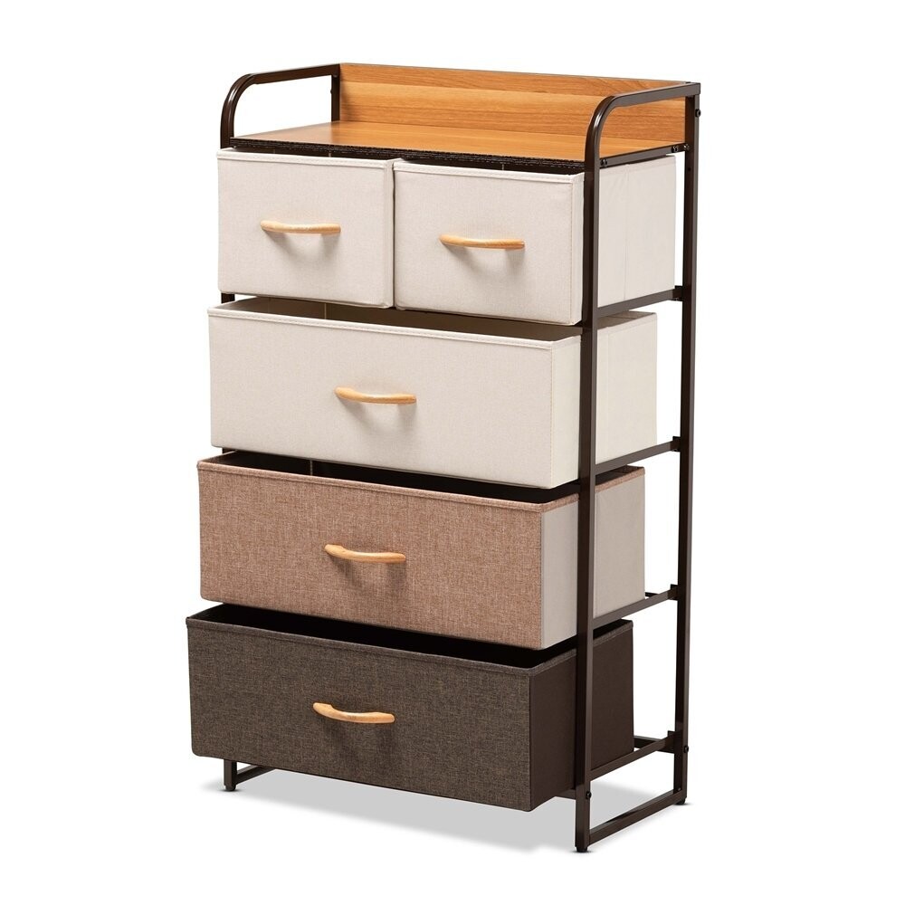 BAXTON STUDIO VOLKAN MODERN MULTI-COLORED FABRIC UPHOLSTERED AND BLACK METAK 5-DRAWER STORAGE CABINET