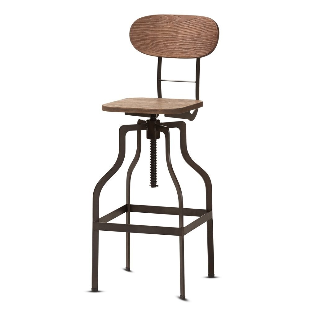 BAXTON STUDIO VAREK VINTAGE RUSTIC INDUSTRIAL STYLE WOOD AND RUST-FINISHED STEEL ADJUSTABLE SWIVEL BAR STOOL