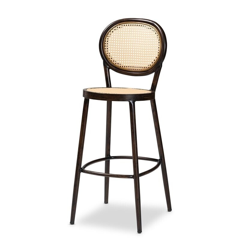 BAXTON STUDIO THALIA MID-CENTURY MODERN DARK BROWN FINISHED METAL AND SYNTHETIC RATTAN OUTDOOR BAR STOOL