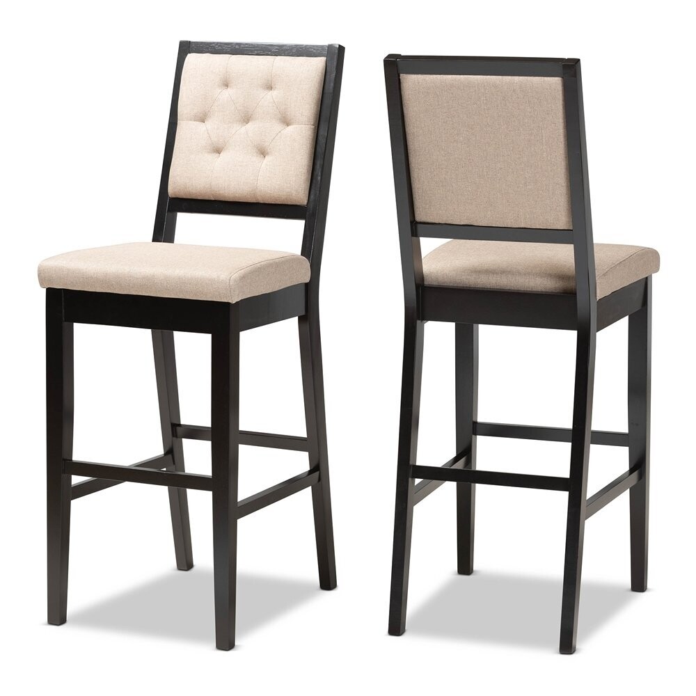 BAXTON STUDIO GIDEON MODERN AND CONTEMPORARY SAND FABRIC UPHOLSTERED AND DARK BROWN FINISHED WOOD 2-PIECE BAR STOOL SET