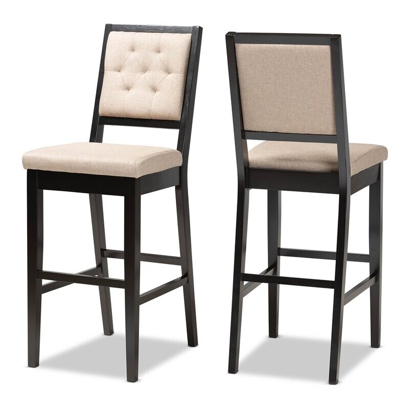 BAXTON STUDIO GIDEON MODERN AND CONTEMPORARY SAND FABRIC UPHOLSTERED AND DARK BROWN FINISHED WOOD 2-PIECE BAR STOOL SET