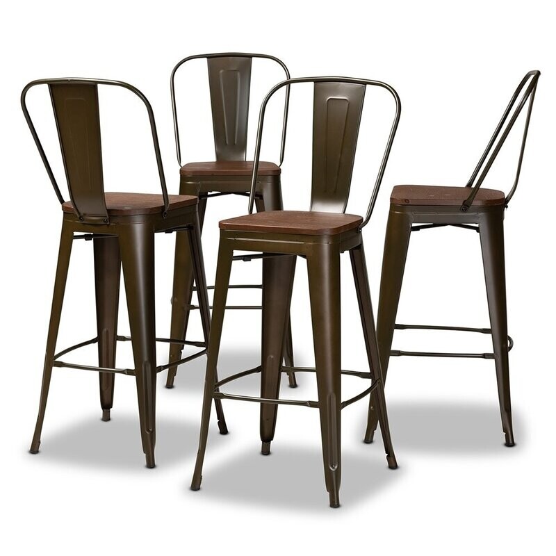 BAXTON STUDIO ROSETTA MODERN INDUSTRIAL BROWN METAL AND WALNUT BROWN FINISHED WOOD 4-PIECE BAR STOOL SET