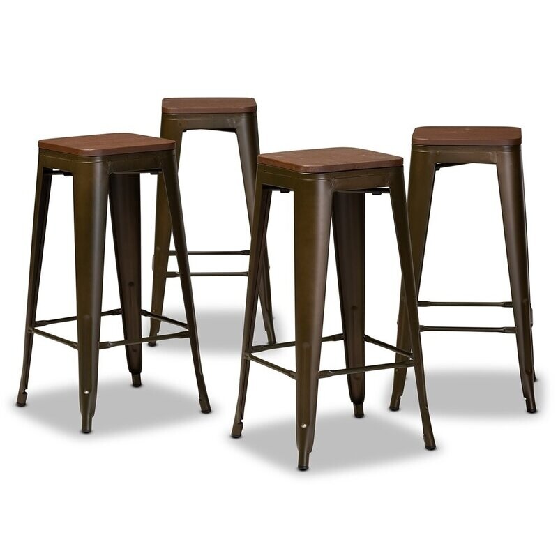 BAXTON STUDIO HORTON MODERN AND CONTEMPORARY BROWN METAL AND WALNUT BROWN FINISHED WOOD 4-PIECE BAR STOOL SET