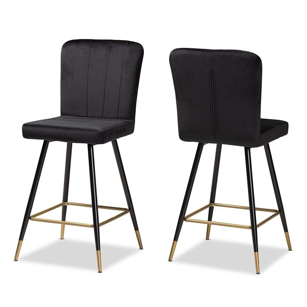BAXTON STUDIO PRESTON MODERN LUXE AND GLAM BLACK VELVET FABRIC UPHOLSTERED AND TWO-TONE BLACK AND GOLD FINISHED METAL 2-PIECE BAR STOOL SET