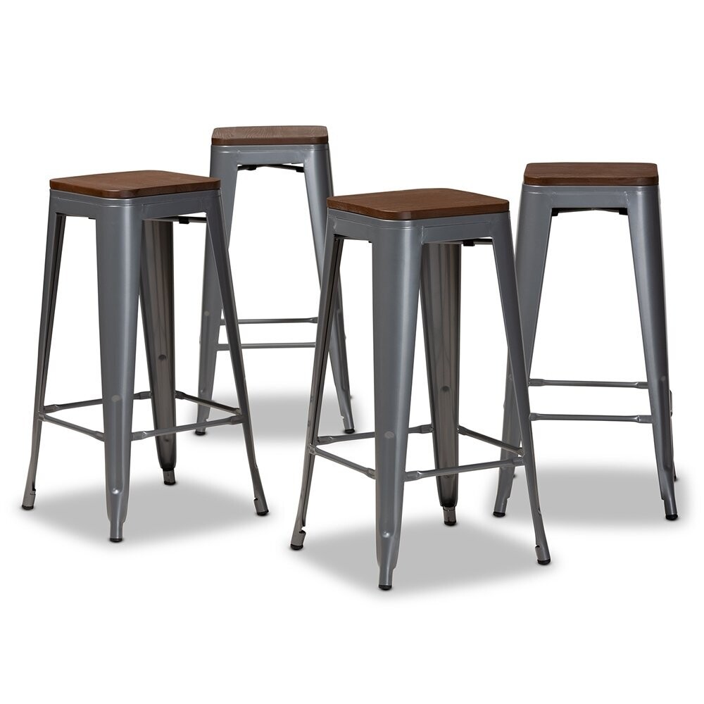 BAXTON STUDIO HORTON MODERN AND CONTEMPORARY GREY METAL AND WALNUT BROWN FINISHED WOOD 4-PIECE BAR STOOL SET