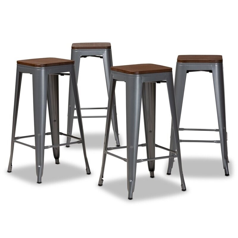 BAXTON STUDIO HORTON MODERN AND CONTEMPORARY GREY METAL AND WALNUT BROWN FINISHED WOOD 4-PIECE BAR STOOL SET