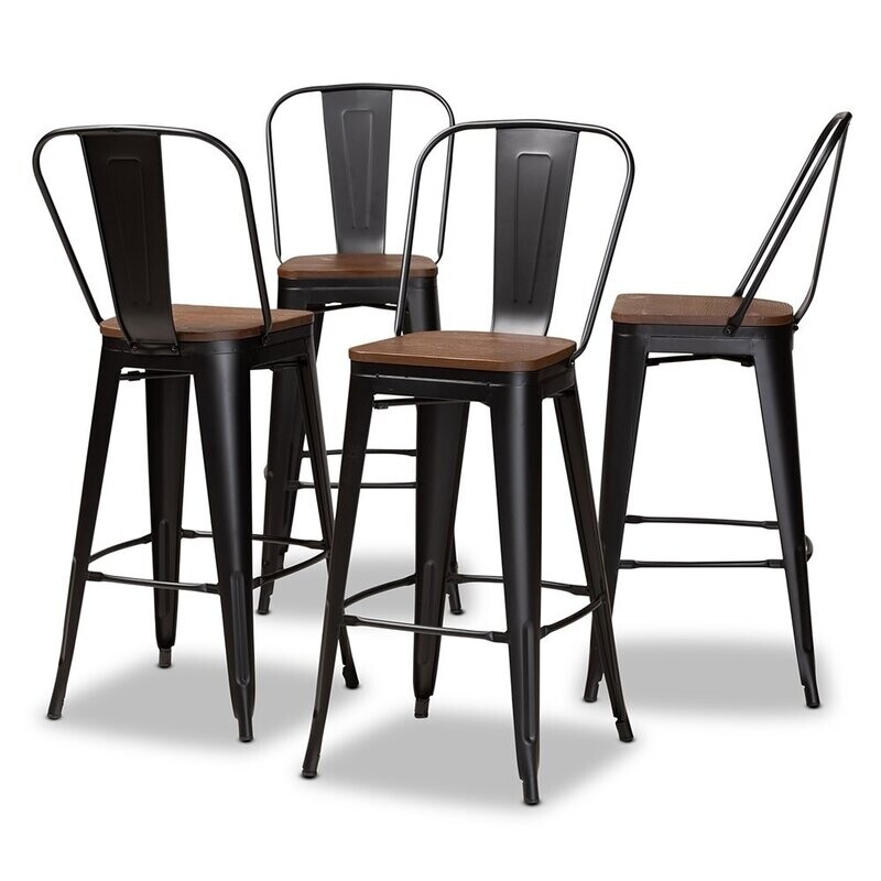BAXTON STUDIO ROSETTA MODERN INDUSTRIAL BLACK METAL AND WALNUT BROWN FINISHED WOOD 4-PIECE BAR STOOL SET