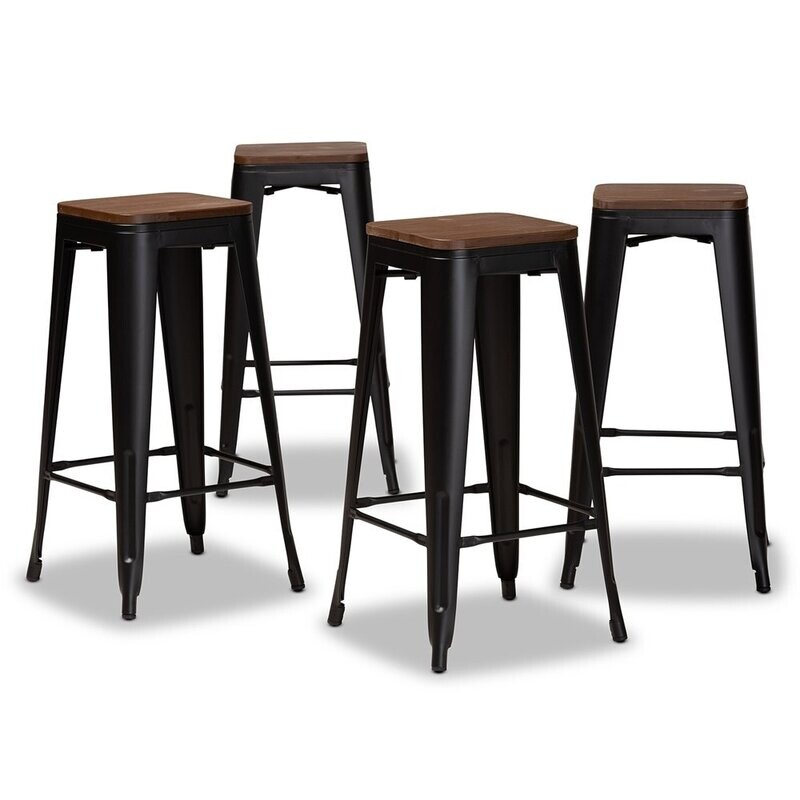 BAXTON STUDIO HORTON MODERN AND CONTEMPORARY BLACK METAL AND WALNUT BROWN FINISHED WOOD 4-PIECE BAR STOOL SET
