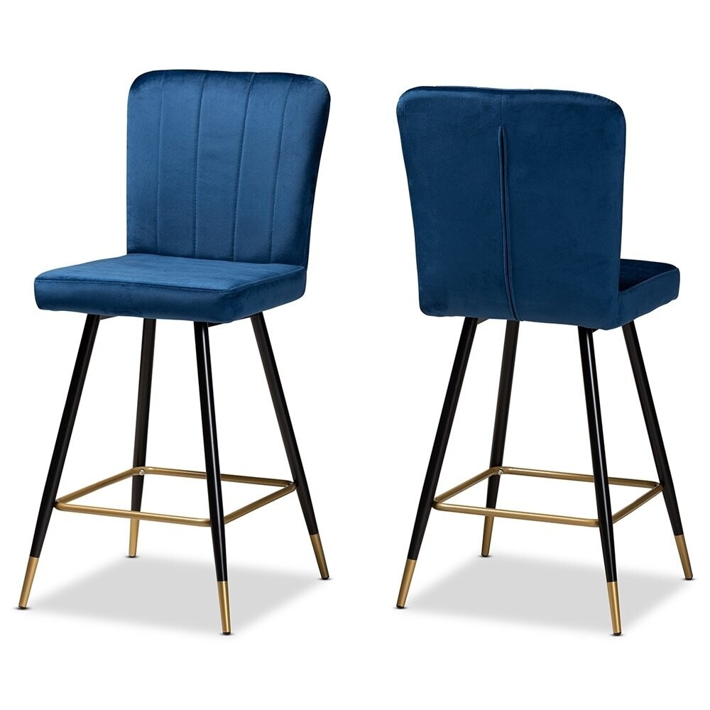 BAXTON STUDIO PRESTON MODERN LUXE AND GLAM NAVY BLUE VELVET FABRIC UPHOLSTERED AND TWO-TONE BLACK AND GOLD FINISHED METAL 2-PIECE BAR STOOL SET