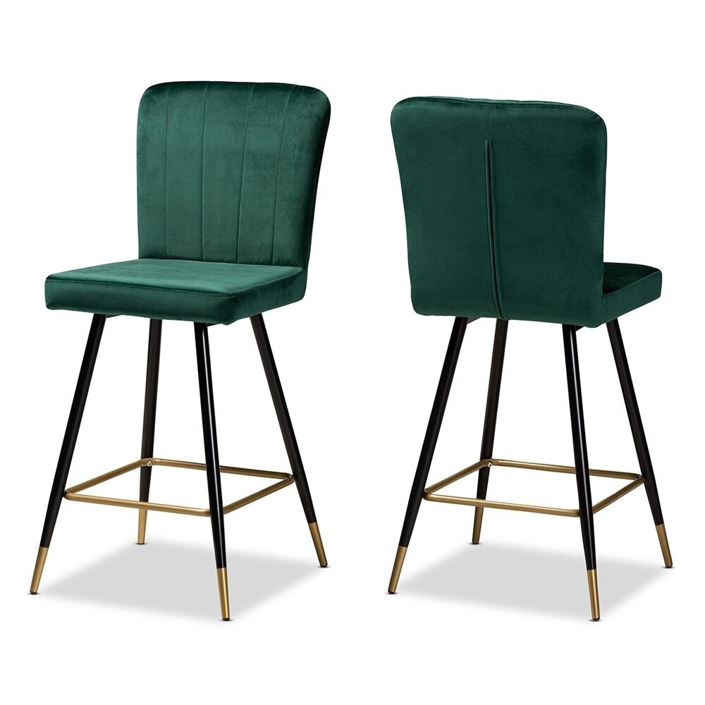 BAXTON STUDIO PRESTON MODERN LUXE AND GLAM GREEN VELVET FABRIC UPHOLSTERED AND TWO-TONE BLACK AND GOLD FINISHED METAL 2-PIECE BAR STOOL SET