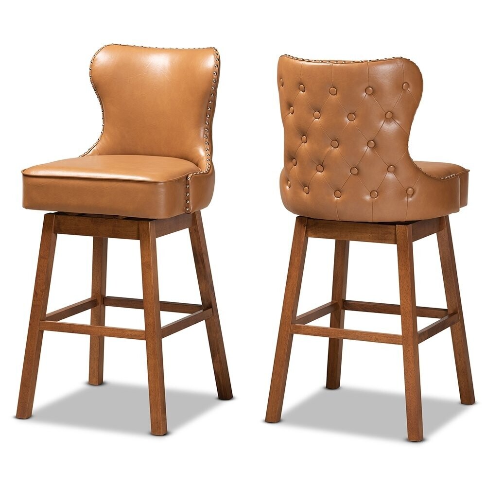 BAXTON STUDIO GRADISCA MODERN AND CONTEMPORARY TAN FAUX LEATHER UPHOLSTERED AND WALNUT BROWN FINISHED WOOD 2-PIECE SWIVEL BAR STOOL SET