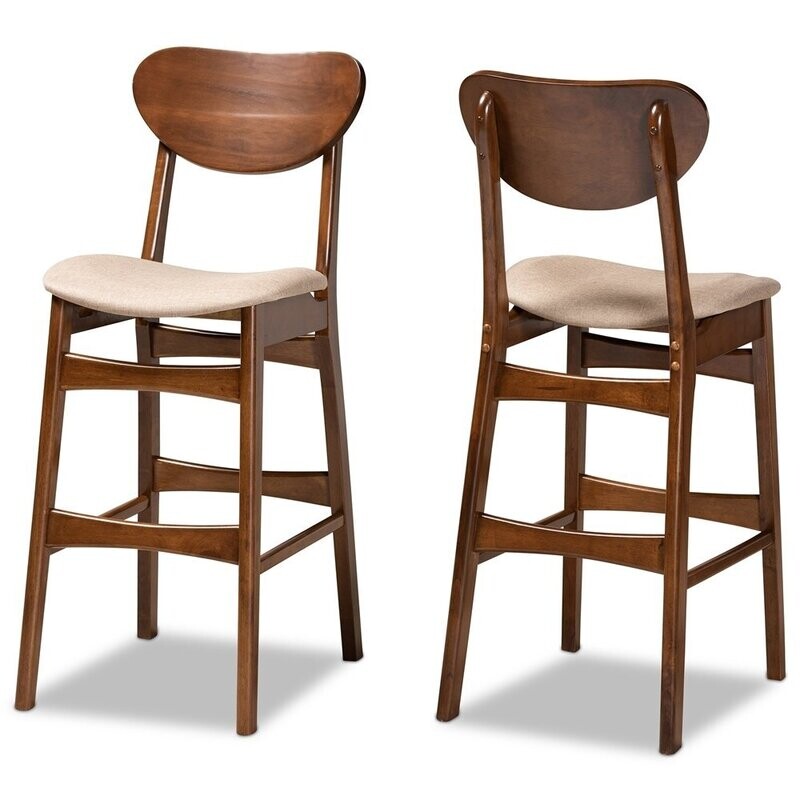 BAXTON STUDIO KATYA MID-CENTURY MODERN SAND FABRIC UPHOLSTERED AND WALNUT BROWN FINISHED WOOD 2-PIECE BAR STOOL SET