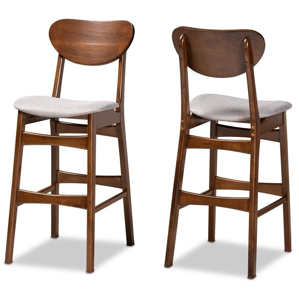 BAXTON STUDIO KATYA MID-CENTURY MODERN GREY FABRIC UPHOLSTERED AND WALNUT BROWN FINISHED WOOD 2-PIECE BAR STOOL SET
