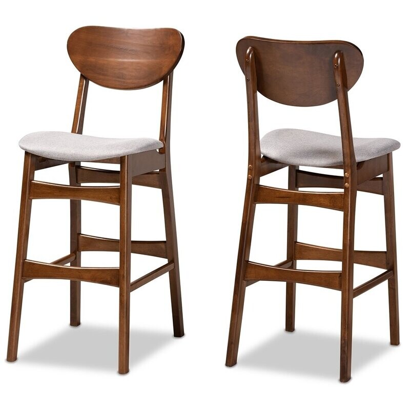 BAXTON STUDIO KATYA MID-CENTURY MODERN GREY FABRIC UPHOLSTERED AND WALNUT BROWN FINISHED WOOD 2-PIECE BAR STOOL SET