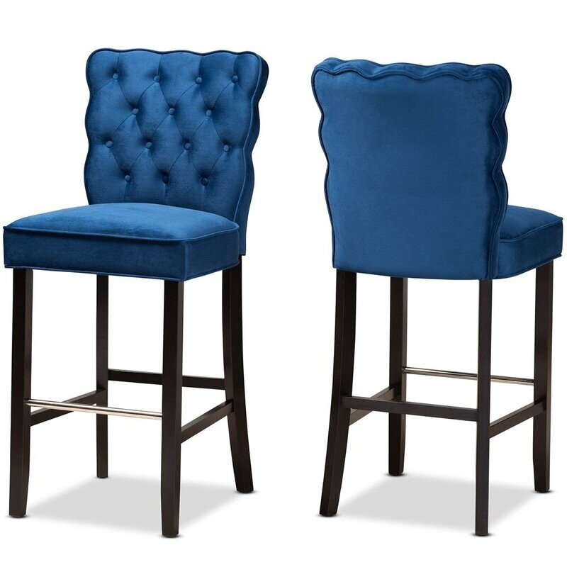 BAXTON STUDIO CHLOE MODERN AND CONTEMPORARY NAVY BLUE VELVET UPHOLSTERED AND DARK BROWN FINISHED WOOD 2-PIECE BAR STOOL SET