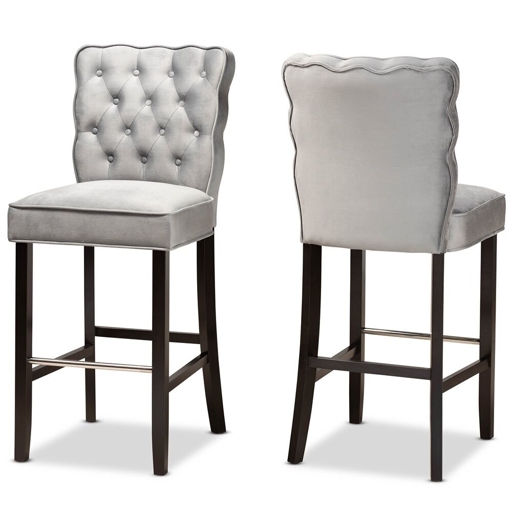 BAXTON STUDIO DAPHNE MODERN AND CONTEMPORARY DARK GREY VELVET FABRIC UPHOLSTERED AND DARK BROWN FINISHED WOOD 2-PIECE BAR STOOL SET