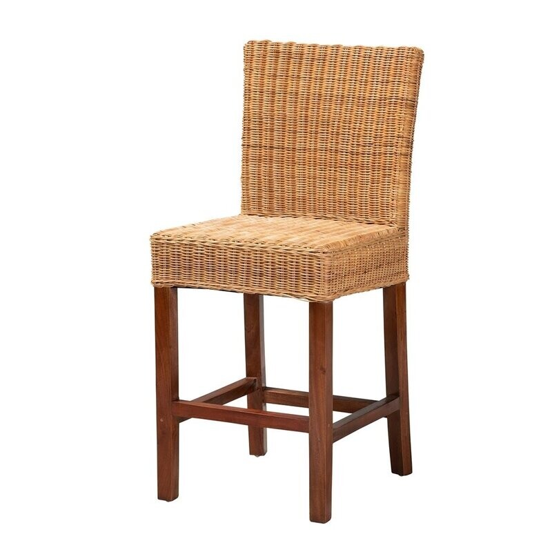 BAXTON STUDIO RACQUEL MODERN BOHEMIAN NATURAL RATTAN AND MAHOGANY WOOD COUNTER STOOL